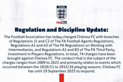 英足总官方：对切尔西提起74项财务指控 需9月19日前作出回应